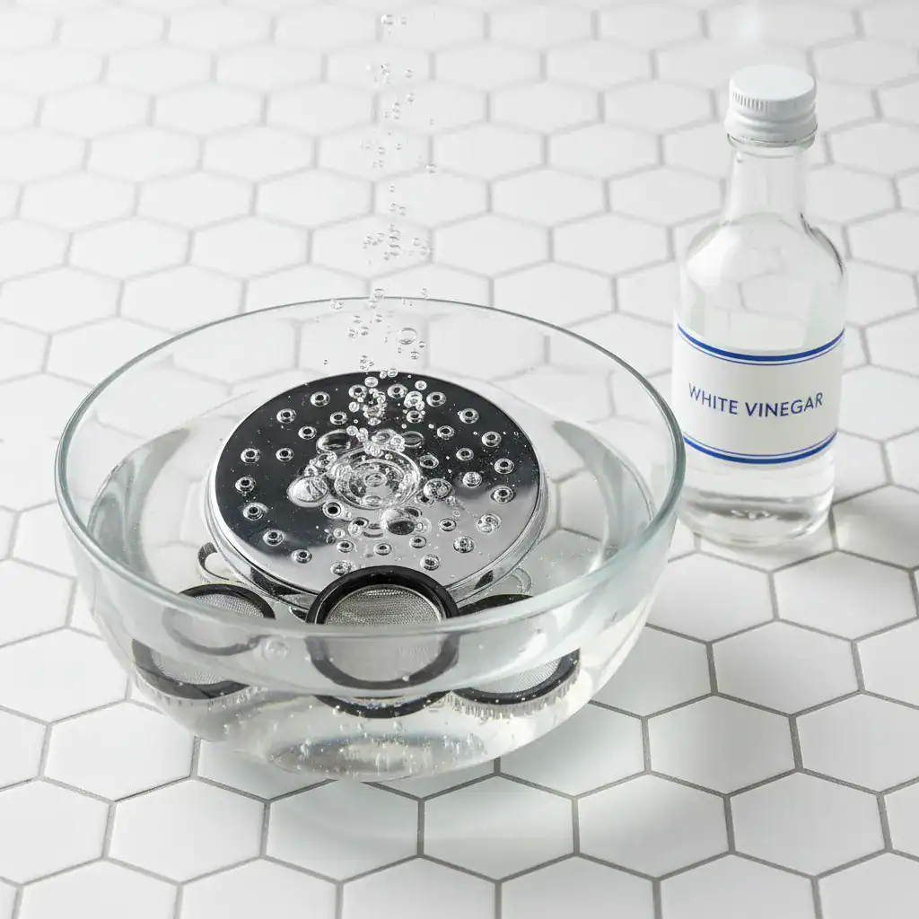 shower head soaking in vinegar to be cleaned
