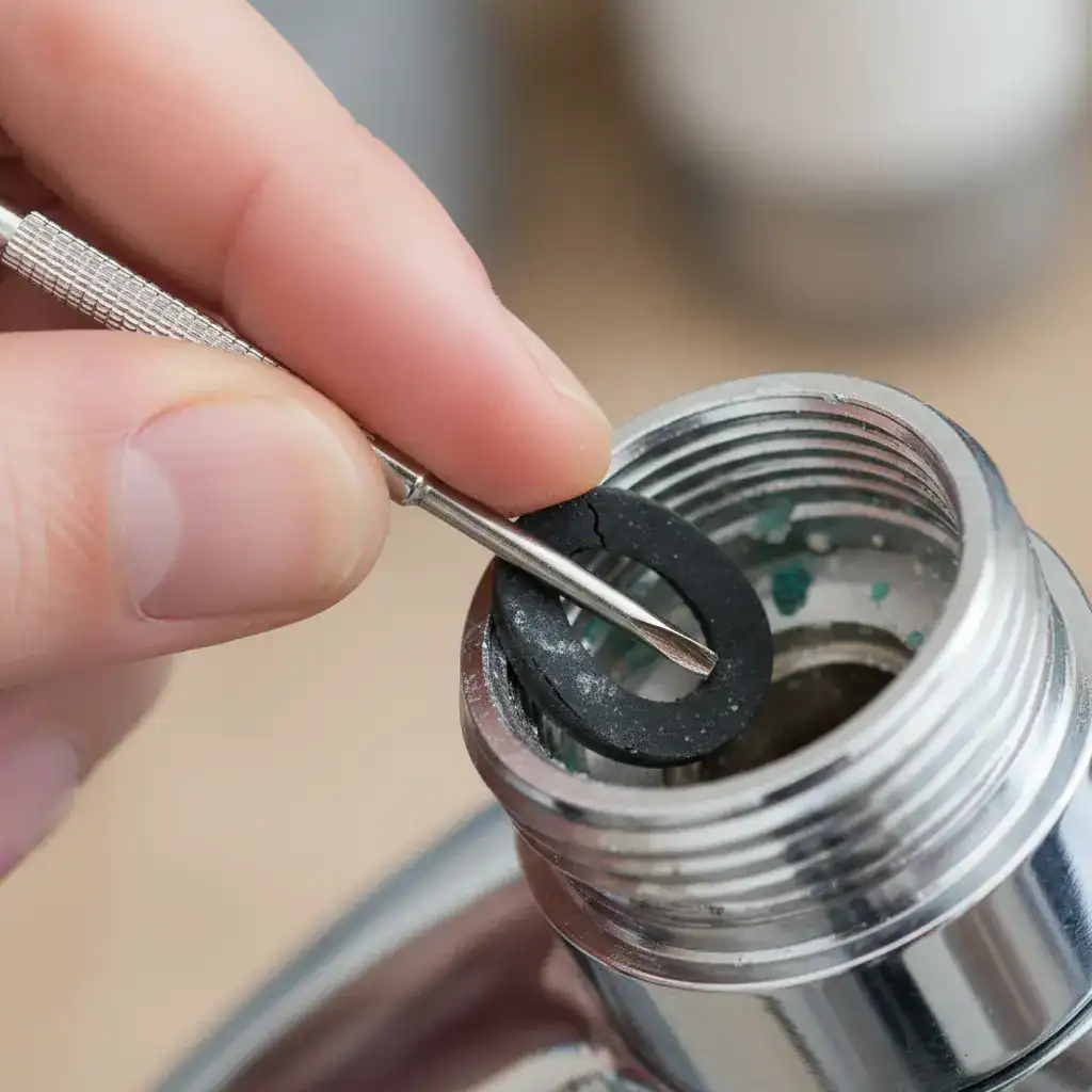 hand using small tool to clean shower head o-ring